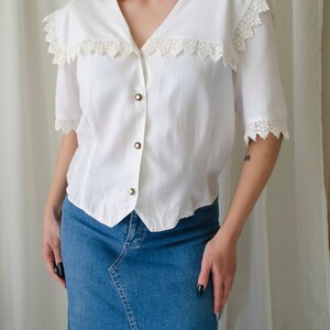 vintage white lace blouse Sailor collar blouse, lace trim collar blouse, romantic cottagecore blouse, fairycore blouse XS M image 2