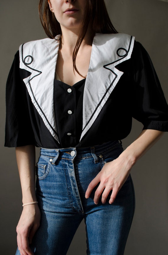 vintage black statement blouse | Big collar blouse