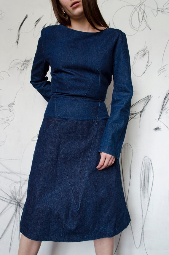 70s vintage denim dress, tailored fit retro denim patchwork dress, midi  modernist mod denim dress, rare vintage dress S M