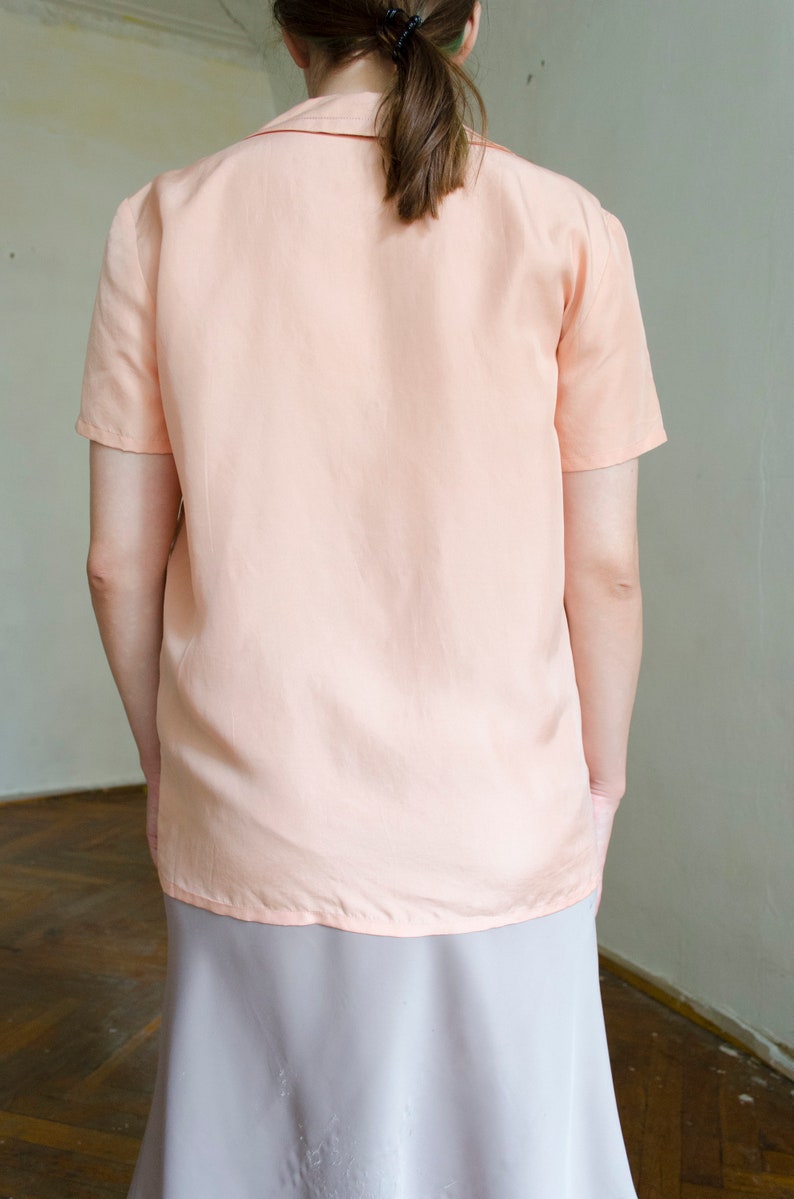 vintage silk pink silk blouse Peter pan collar blouse, pastel blouse, romantic blouse, short sleeve silk blouse, retro blouse XS S image 6
