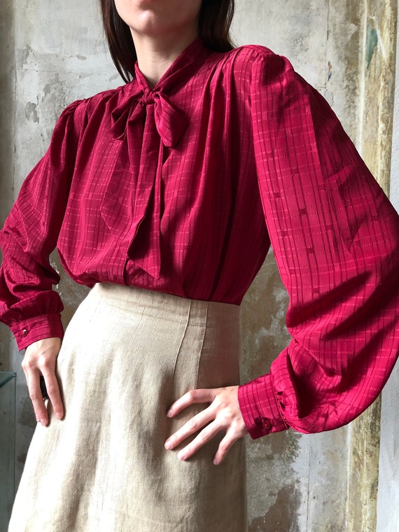 80s magenta pussy bow blouse | Red pink statement