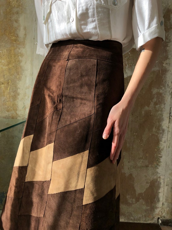 vintage suede patchwork skirt | Retro leather skir
