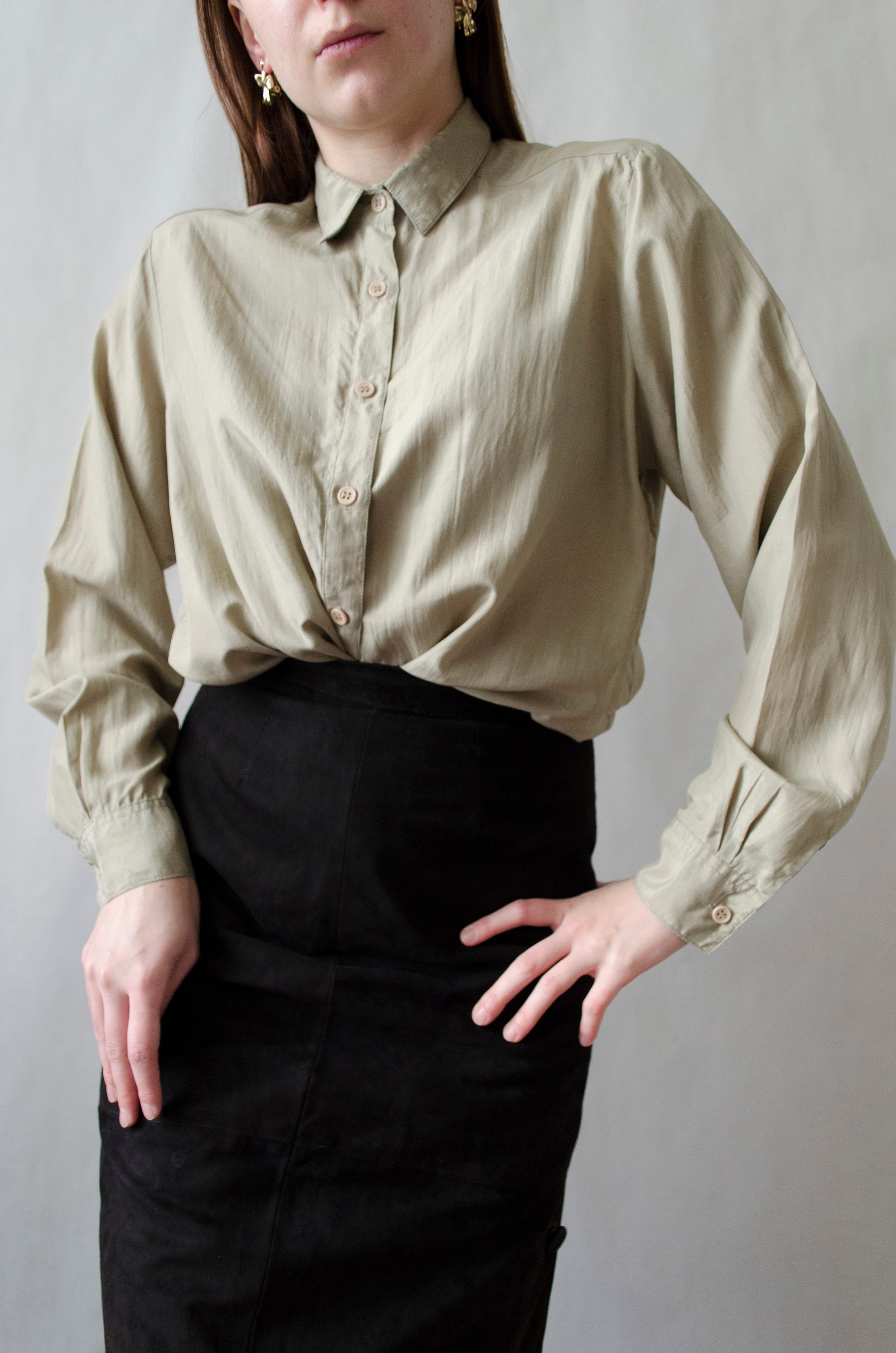 Earthy silk long sleeve blouse XS 90s minimal Silk button up blouse Minimalist womens blouse S vintage ecru beige silk blouse