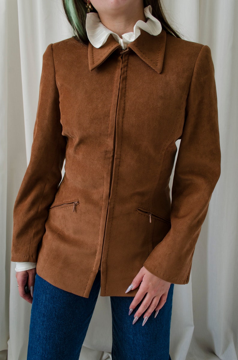 vintage SPORTMAX blazer, brown corduroy velvet blazer with zip up and pointy collar XS S image 6