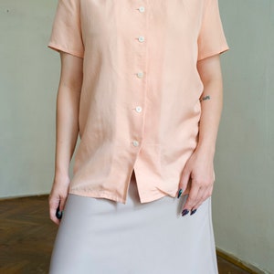vintage silk pink silk blouse Peter pan collar blouse, pastel blouse, romantic blouse, short sleeve silk blouse, retro blouse XS S image 2