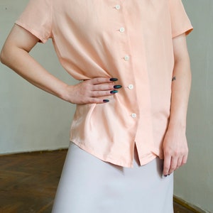 vintage silk pink silk blouse Peter pan collar blouse, pastel blouse, romantic blouse, short sleeve silk blouse, retro blouse XS S image 4