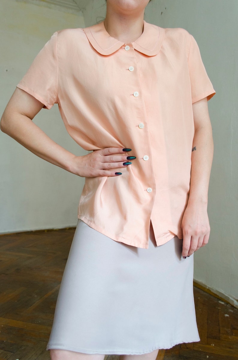 vintage silk pink silk blouse Peter pan collar blouse, pastel blouse, romantic blouse, short sleeve silk blouse, retro blouse XS S image 4