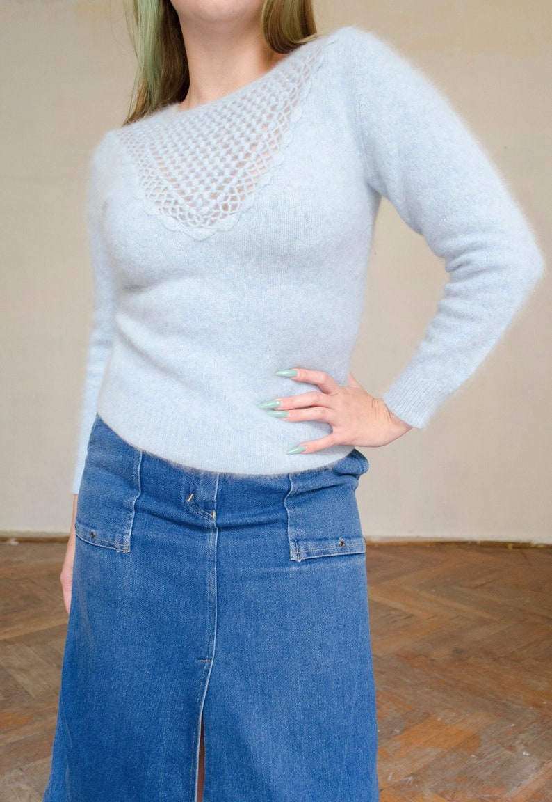 80s vintage angora blue sweater Baby blue sweater, romantic angora sweater, elegant fitted sweater, soft fuzzy sweater XS S image 1