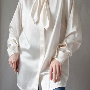 90s ivory satin blouse vintage white shiny blouse, tie neck blouse, luxurious statement button up blouse, romantic evening blouse S L image 6