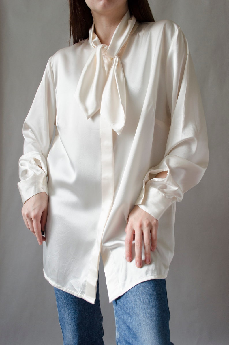 90s ivory satin blouse vintage white shiny blouse, tie neck blouse, luxurious statement button up blouse, romantic evening blouse S L image 6