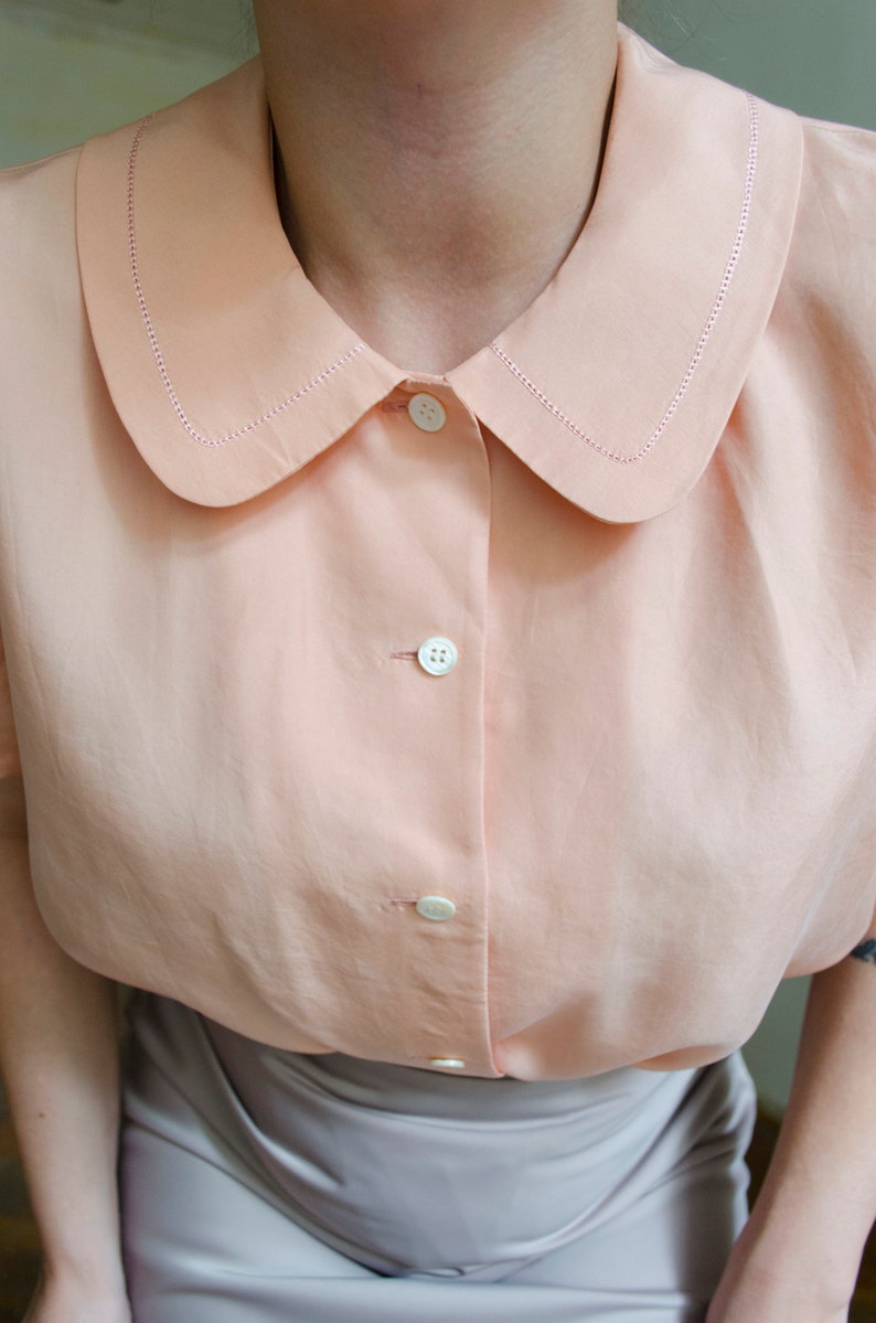 vintage silk pink silk blouse Peter pan collar blouse, pastel blouse, romantic blouse, short sleeve silk blouse, retro blouse XS S image 8