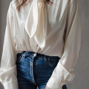 90s ivory satin blouse vintage white shiny blouse, tie neck blouse, luxurious statement button up blouse, romantic evening blouse S L image 5