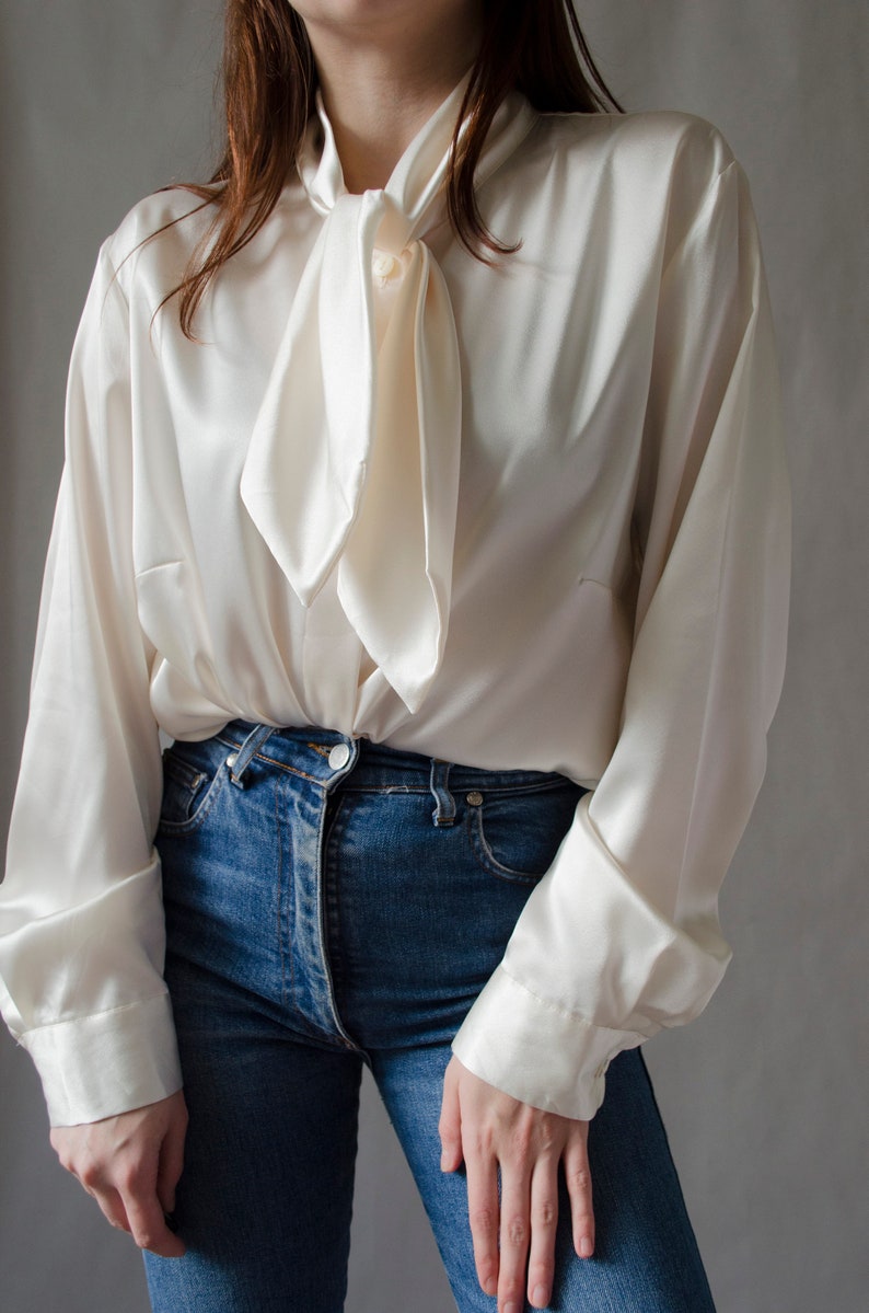 90s ivory satin blouse vintage white shiny blouse, tie neck blouse, luxurious statement button up blouse, romantic evening blouse S L image 5