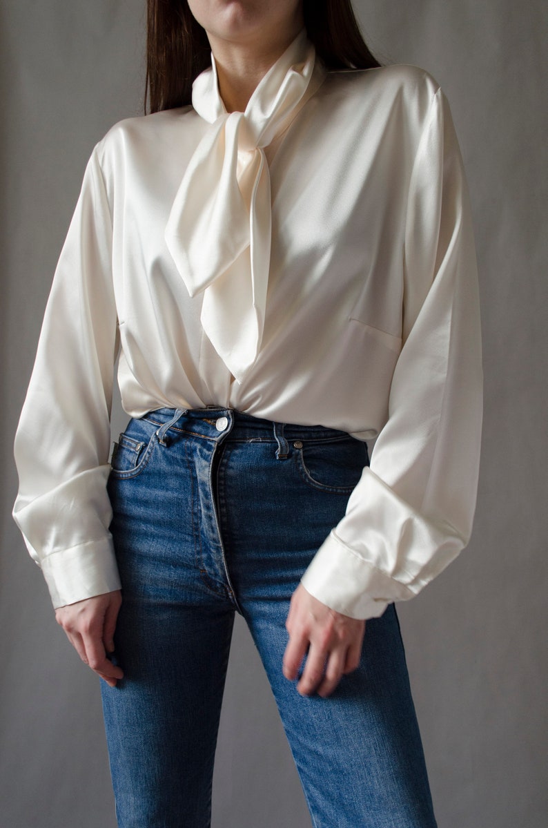 90s ivory satin blouse vintage white shiny blouse, tie neck blouse, luxurious statement button up blouse, romantic evening blouse S L image 2