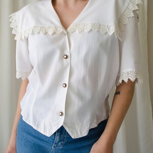 vintage white lace blouse Sailor collar blouse, lace trim collar blouse, romantic cottagecore blouse, fairycore blouse XS M image 3