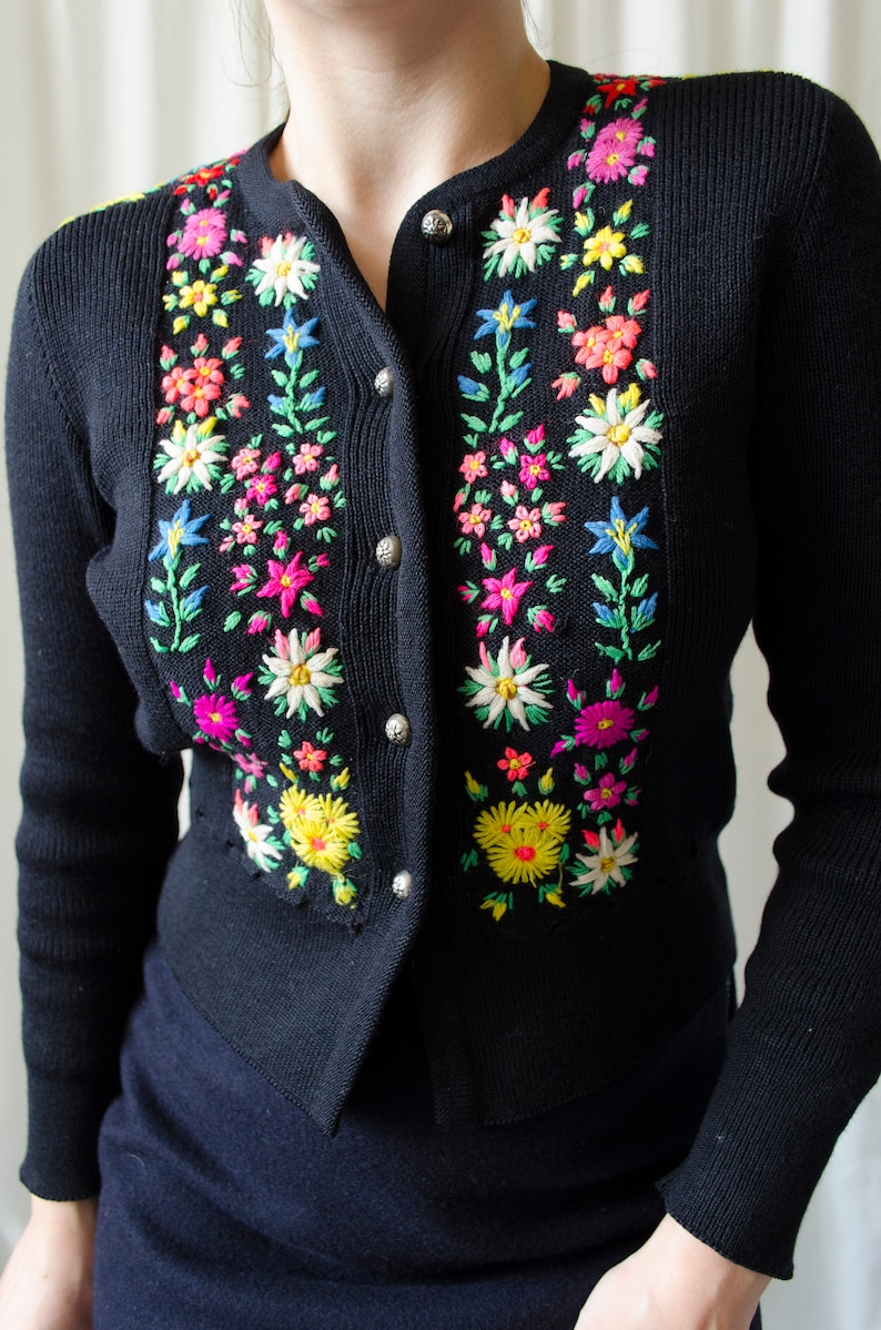 80s handknit embroidered cardigan vintage black floral cardigan, tyrol cardigan, austrian wool cardigan, trachten folk sweater XS S image 4