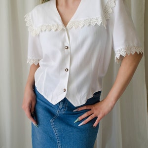 vintage white lace blouse Sailor collar blouse, lace trim collar blouse, romantic cottagecore blouse, fairycore blouse XS M image 7