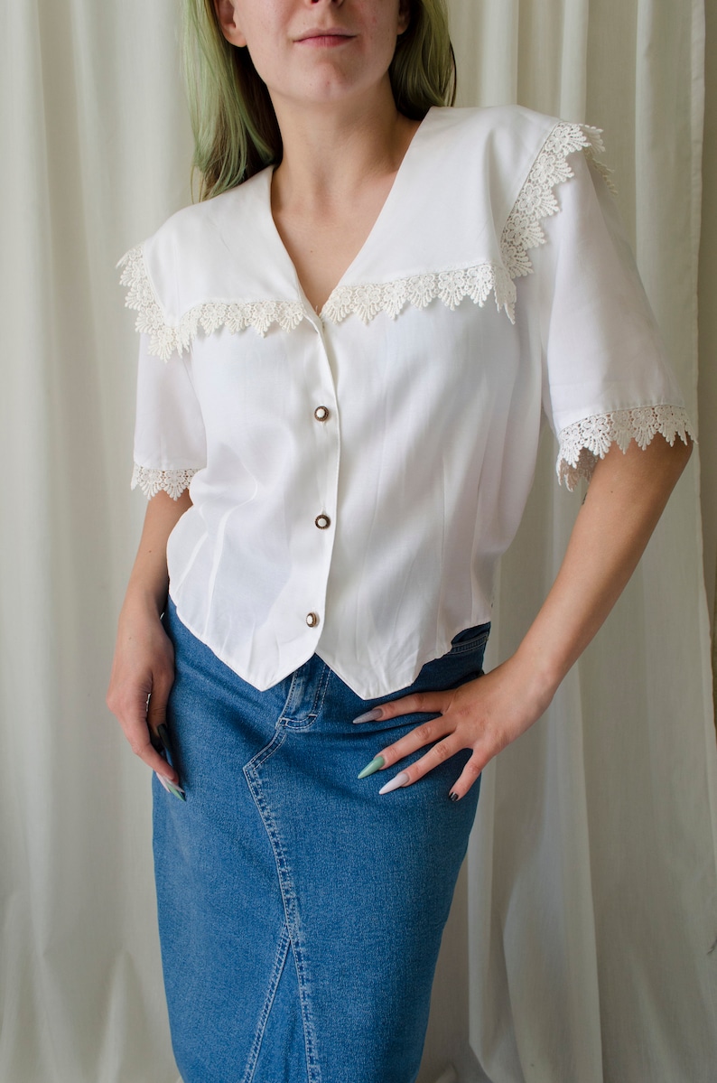 vintage white lace blouse Sailor collar blouse, lace trim collar blouse, romantic cottagecore blouse, fairycore blouse XS M image 7