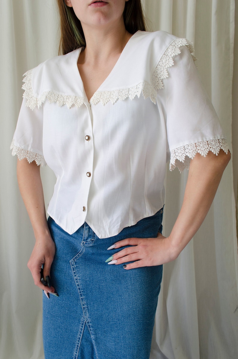 vintage white lace blouse Sailor collar blouse, lace trim collar blouse, romantic cottagecore blouse, fairycore blouse XS M image 1