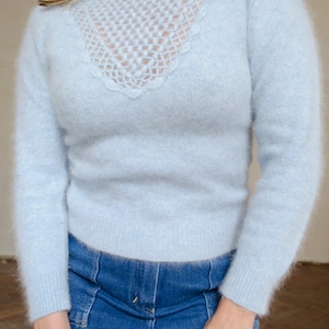 80s vintage angora blue sweater Baby blue sweater, romantic angora sweater, elegant fitted sweater, soft fuzzy sweater XS S image 3