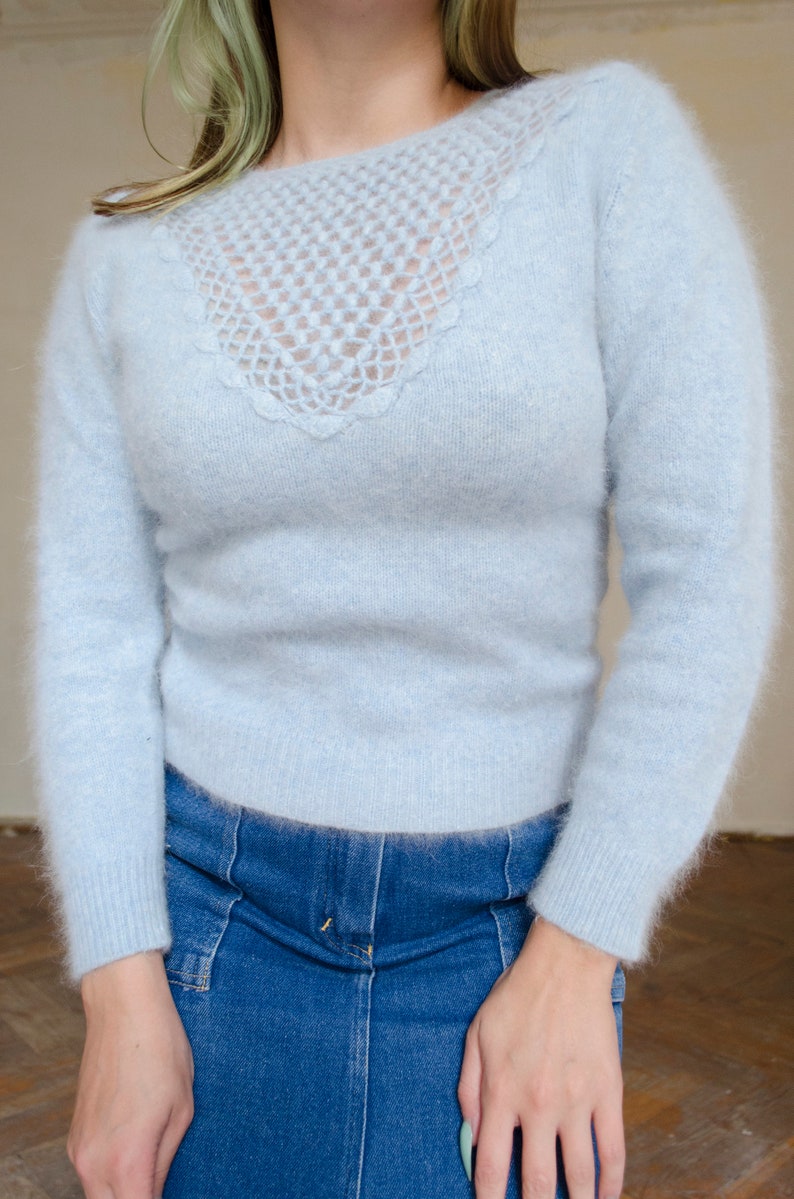 80s vintage angora blue sweater Baby blue sweater, romantic angora sweater, elegant fitted sweater, soft fuzzy sweater XS S image 3