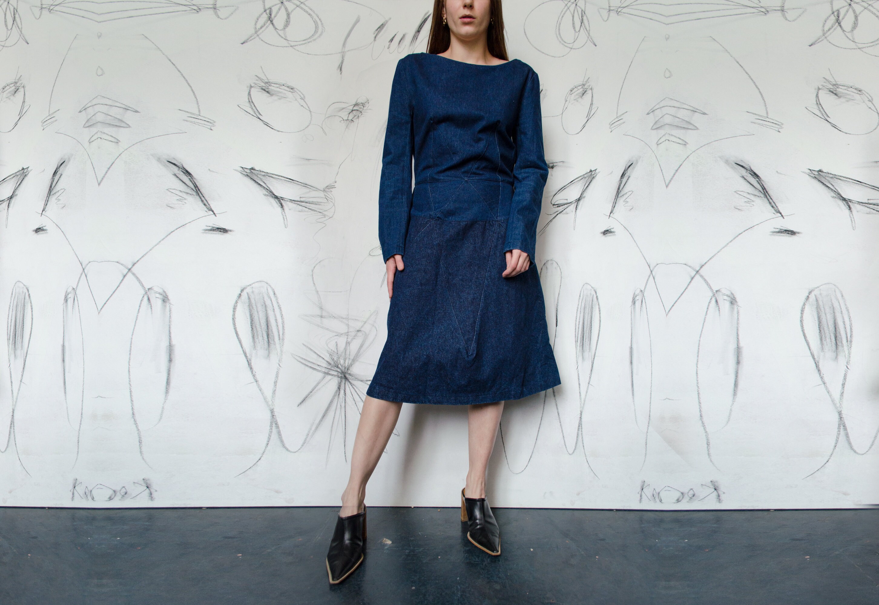 70s vintage denim dress, tailored fit retro denim patchwork dress, midi modernist mod denim dress, rare vintage dress | S - M