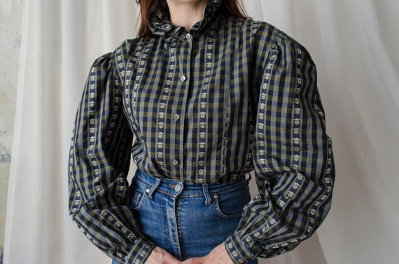 vintage plaid folk blouse | Traditional check shir