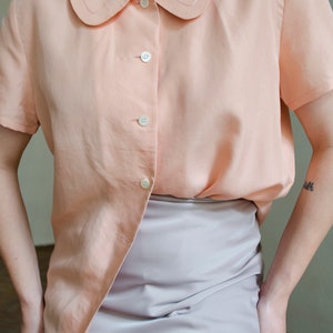 vintage silk pink silk blouse Peter pan collar blouse, pastel blouse, romantic blouse, short sleeve silk blouse, retro blouse XS S image 7