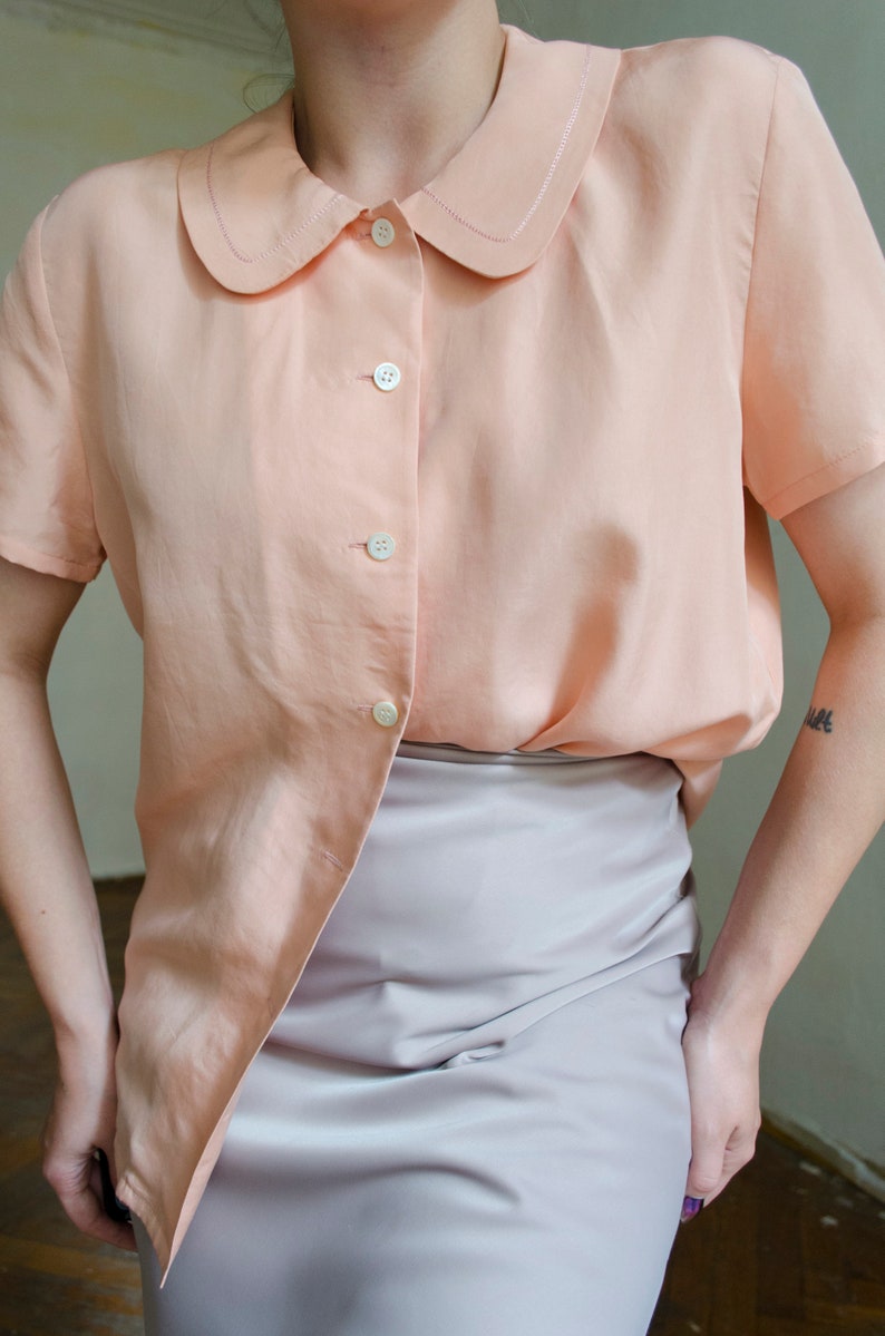 vintage silk pink silk blouse Peter pan collar blouse, pastel blouse, romantic blouse, short sleeve silk blouse, retro blouse XS S image 7
