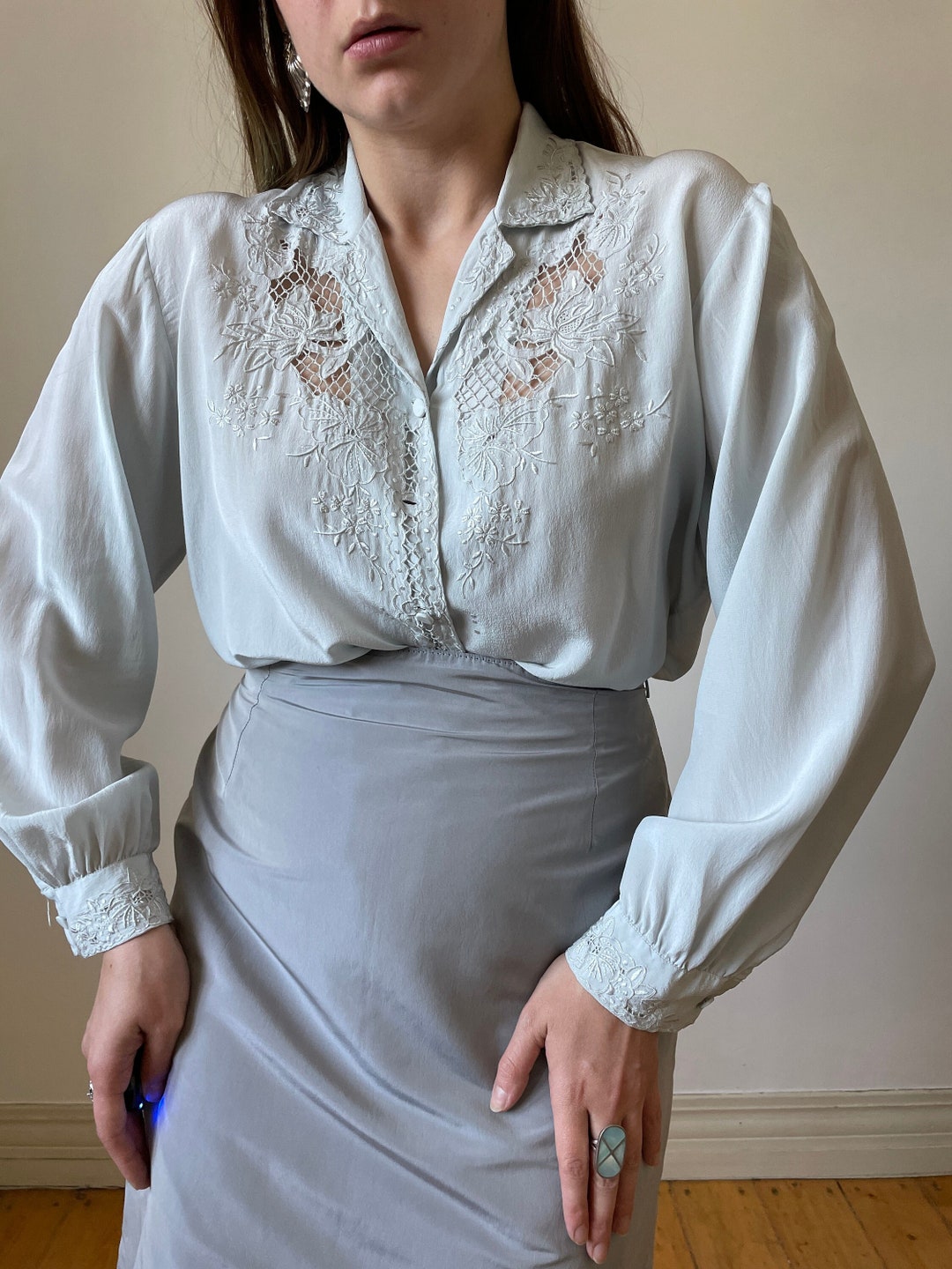 Vintage Silk Embroidery Blouse Hand Embroidered Silk Blouse, Blue Silk