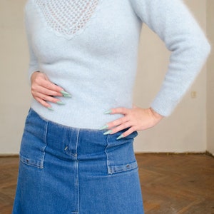 80s vintage angora blue sweater Baby blue sweater, romantic angora sweater, elegant fitted sweater, soft fuzzy sweater XS S image 4