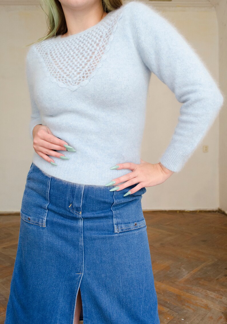 80s vintage angora blue sweater Baby blue sweater, romantic angora sweater, elegant fitted sweater, soft fuzzy sweater XS S image 4