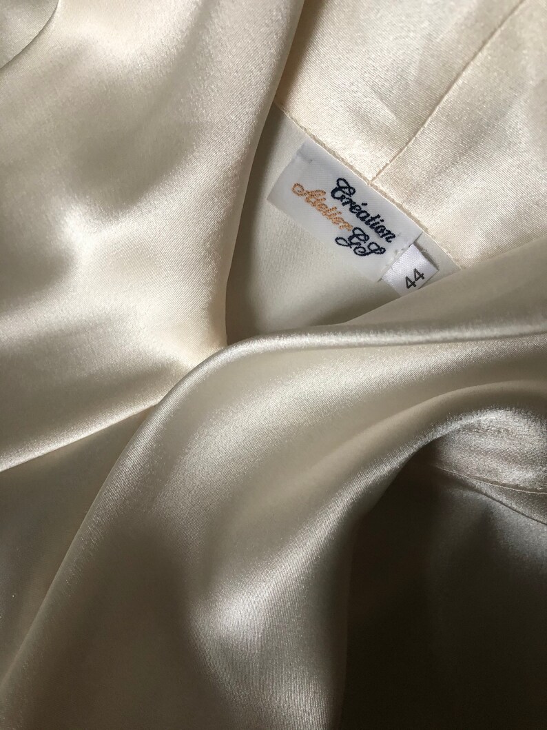 90s ivory satin blouse vintage white shiny blouse, tie neck blouse, luxurious statement button up blouse, romantic evening blouse S L image 7