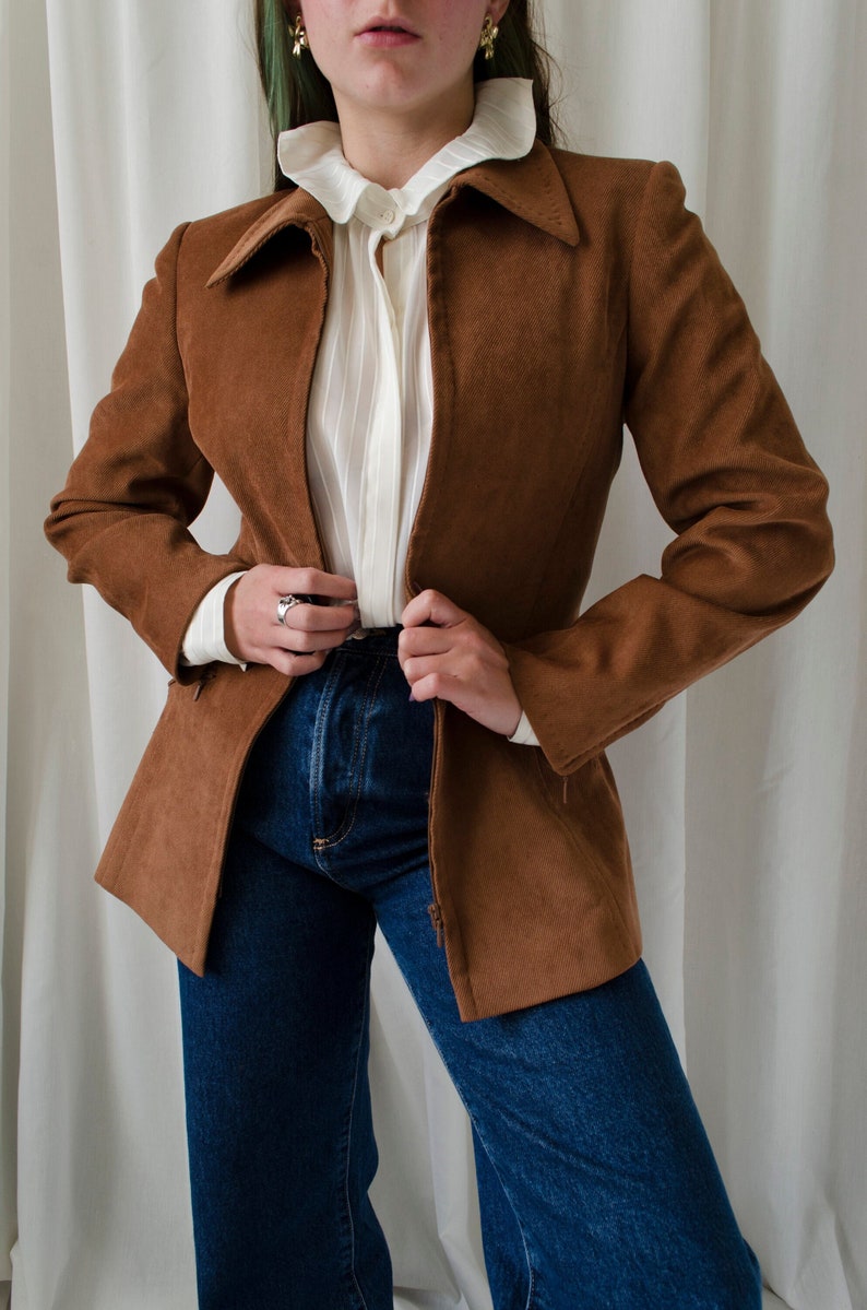 vintage SPORTMAX blazer, brown corduroy velvet blazer with zip up and pointy collar XS S image 2