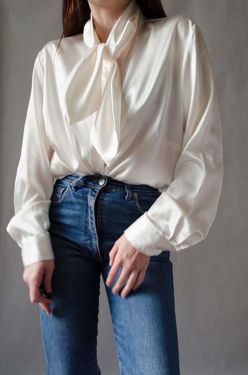 90s ivory satin blouse vintage white shiny blouse, tie neck blouse, luxurious statement button up blouse, romantic evening blouse S L image 1