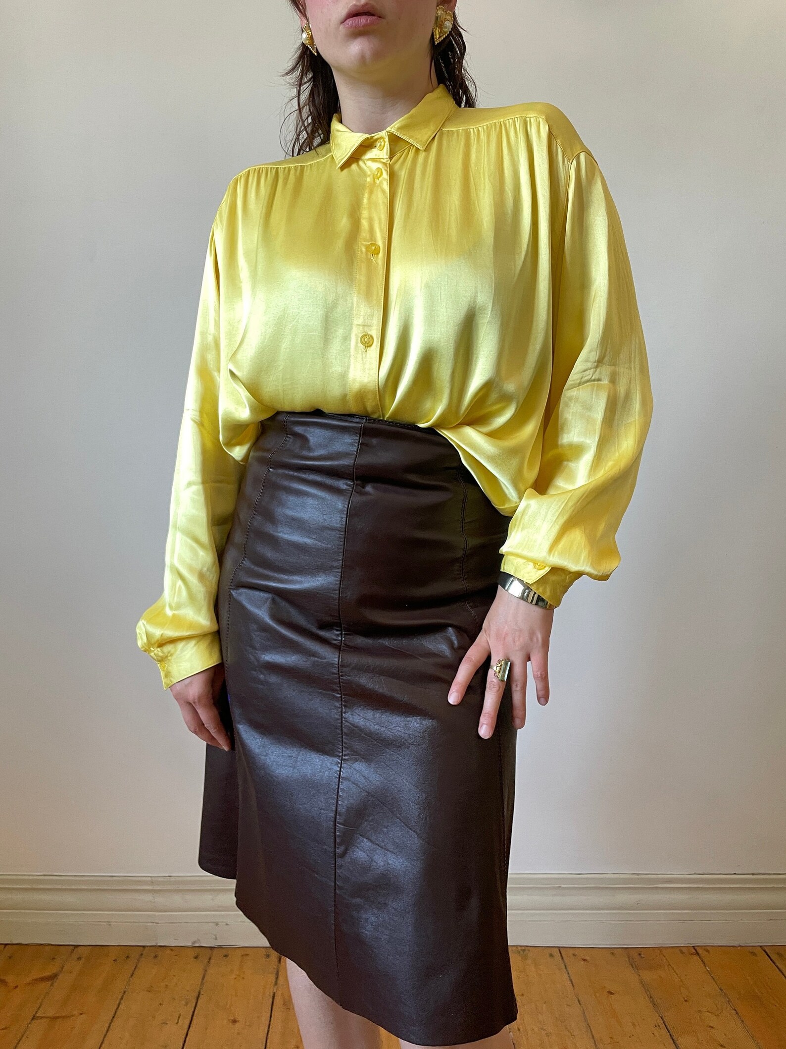 Vintage Yellow Grey Floral Button Blouse