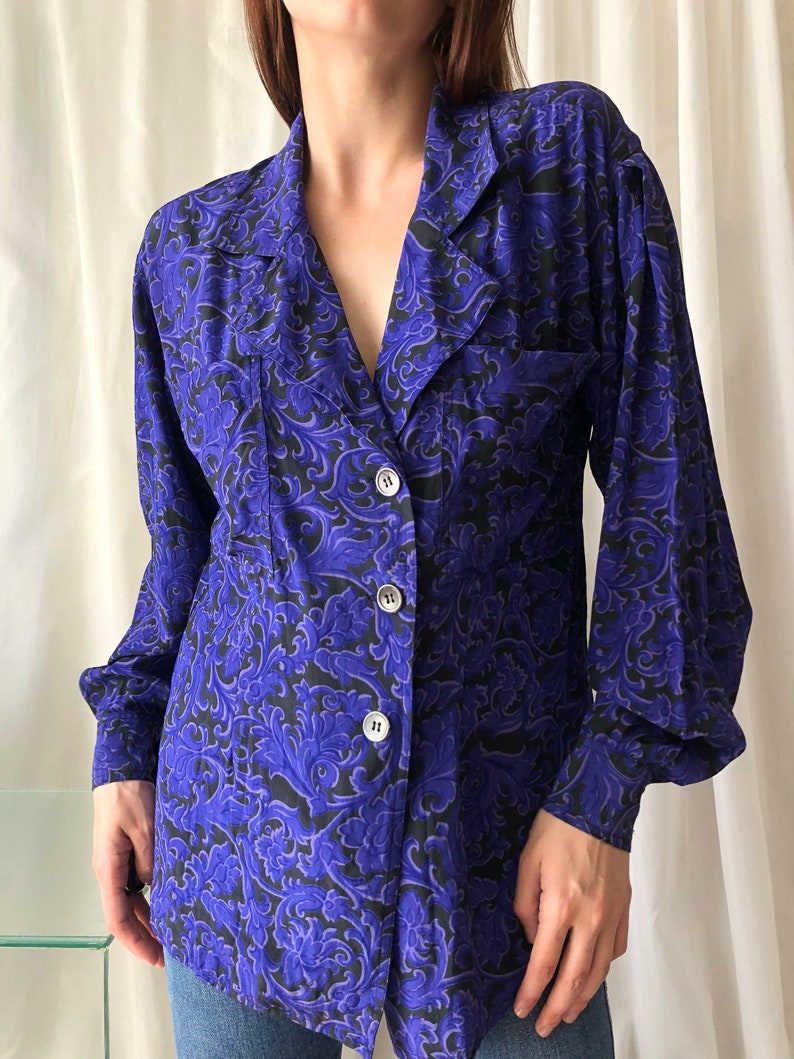 vintage silk baroque blouse Damask blouse L Glamorous evening blouse S Versace style womens silk shirt 80s floral statement blouse