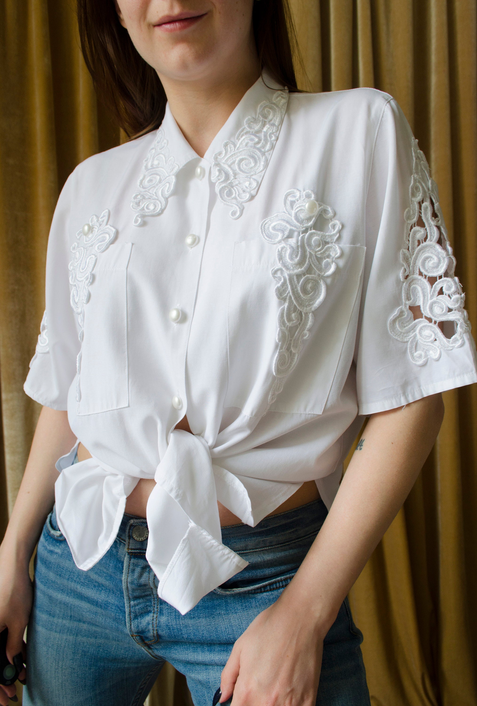 Vintage White Lace Blouse | 90s BIBA Blouse, Lace Collar