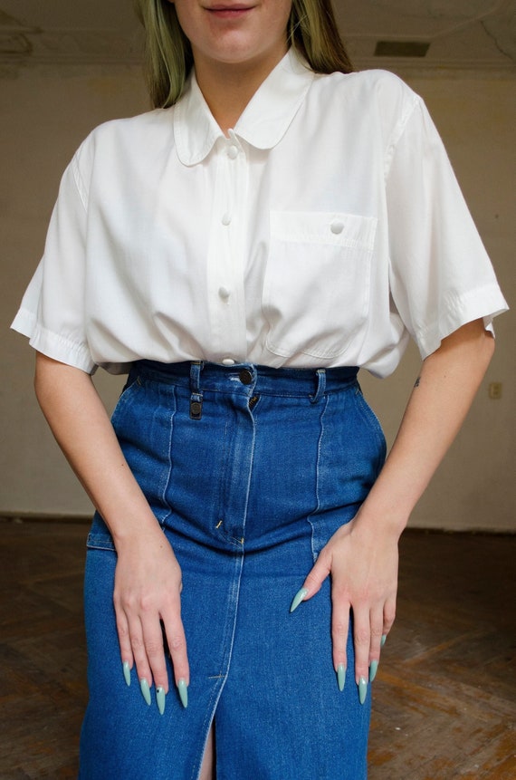 vintage white shirt | Minimalist white blouse, peter pan collar, short sleeve white blouse, secretary blouse, romantic daywear shirt | S - L