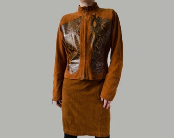 vintage suede leather co-ord set, two piece skirt suit set, snake print suede pencil skirt and jacket costume set | XS - S