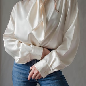 90s ivory satin blouse vintage white shiny blouse, tie neck blouse, luxurious statement button up blouse, romantic evening blouse S L image 4