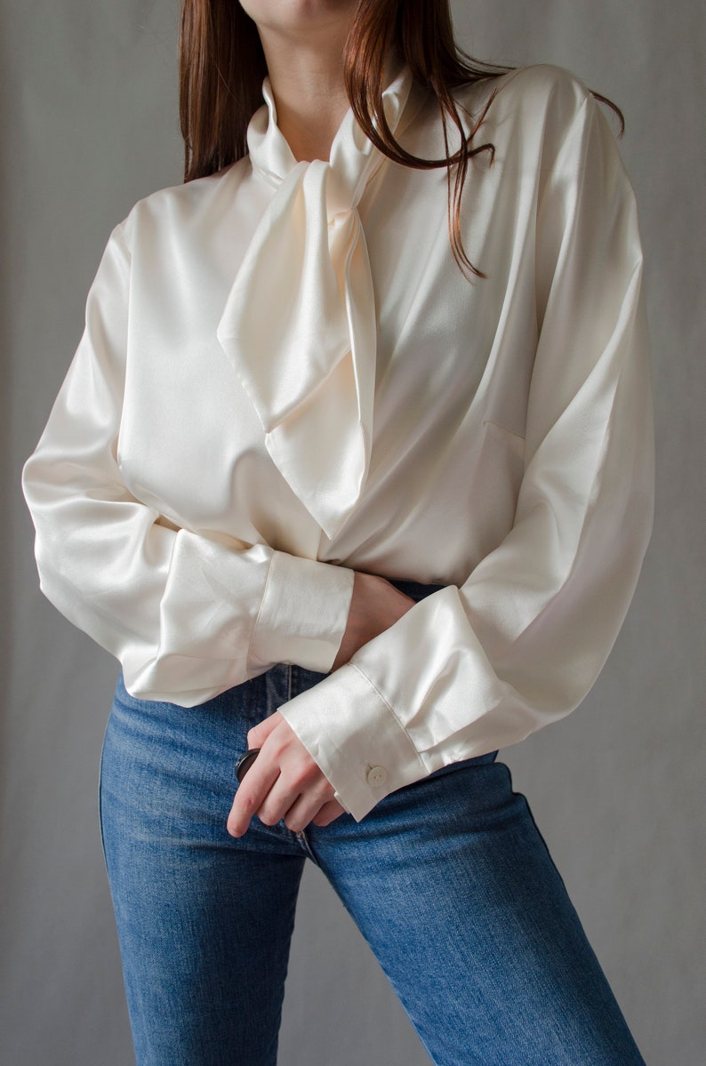 90s ivory satin blouse vintage white shiny blouse, tie neck blouse, luxurious statement button up blouse, romantic evening blouse S L image 4