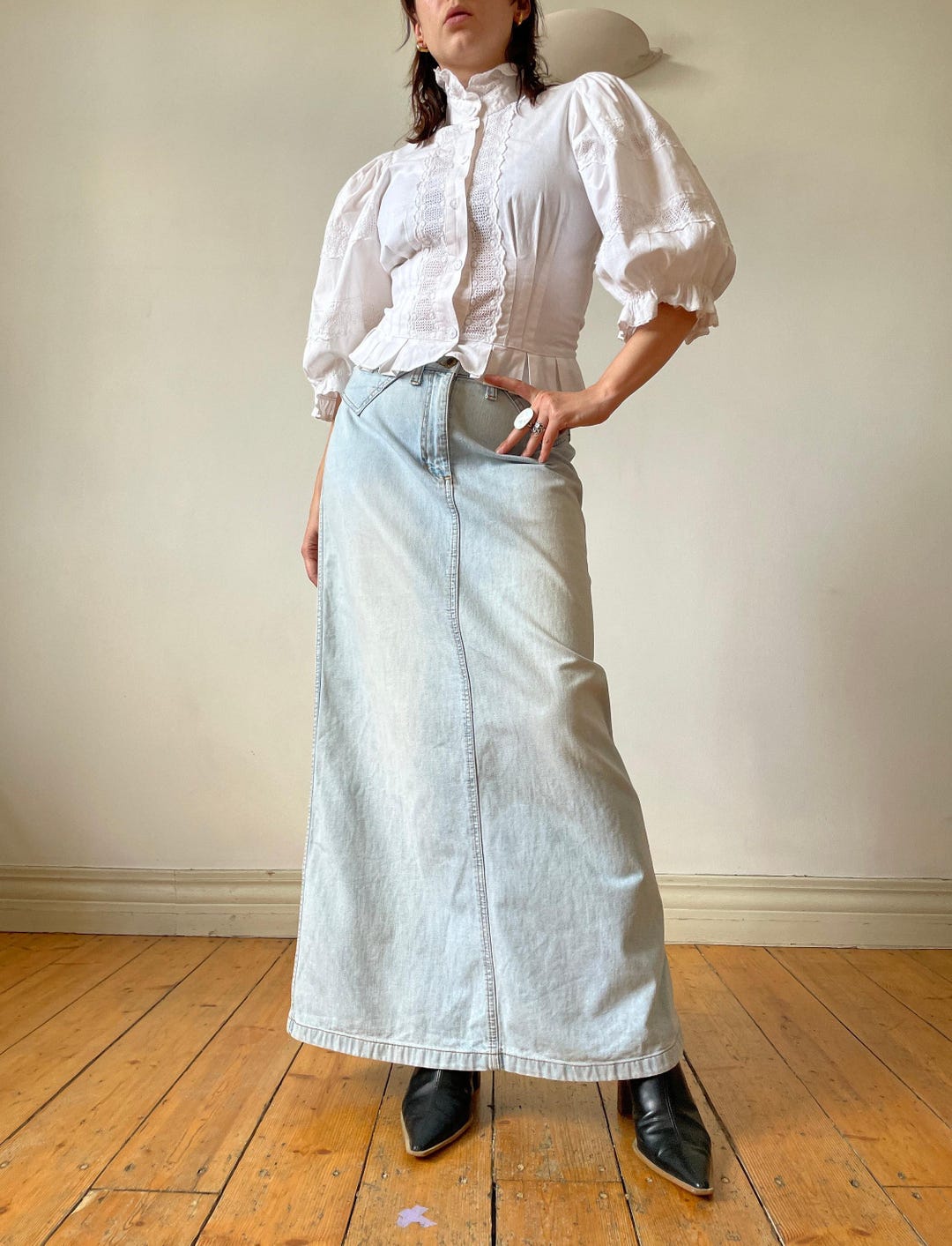 90s Y2K Blue Denim Button-up Midi Skirt 10