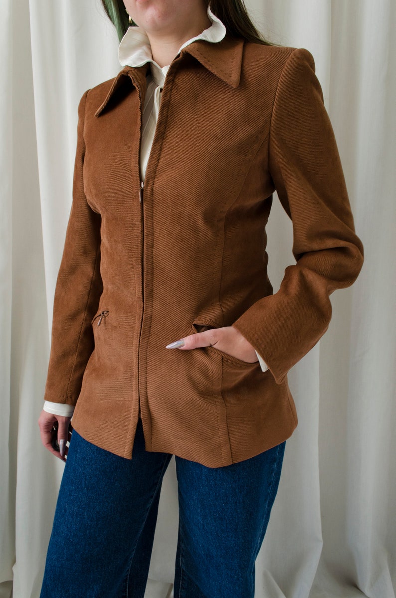 vintage SPORTMAX blazer, brown corduroy velvet blazer with zip up and pointy collar XS S image 7