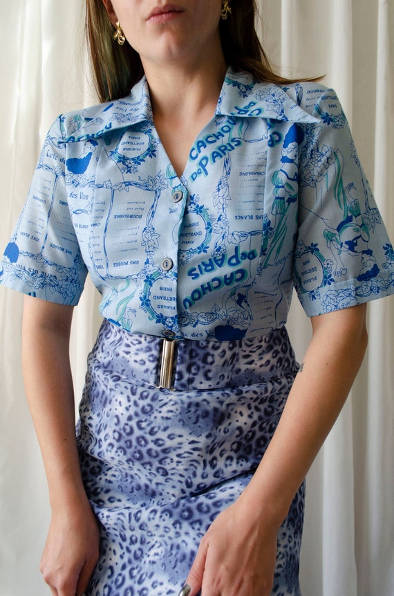 1970s vintage novelty blouse | French menu print b