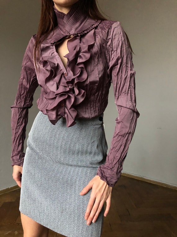 purple ruffle blouse | Statement collar blouse, Cr