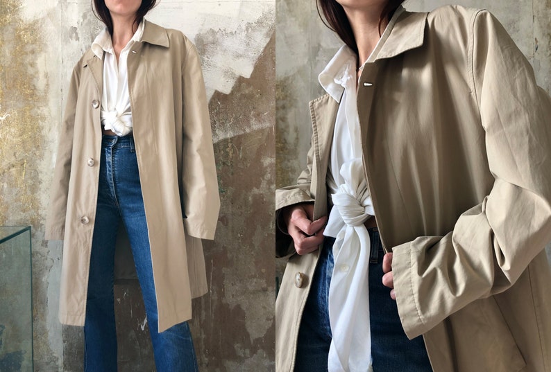 90s vintage beige trench coat Minimalist straight women/'s coat Classic single breasted retro coat Midi coat Beige autumn duster S L