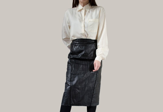 vintage black leather skirt | Elegant pencil midi