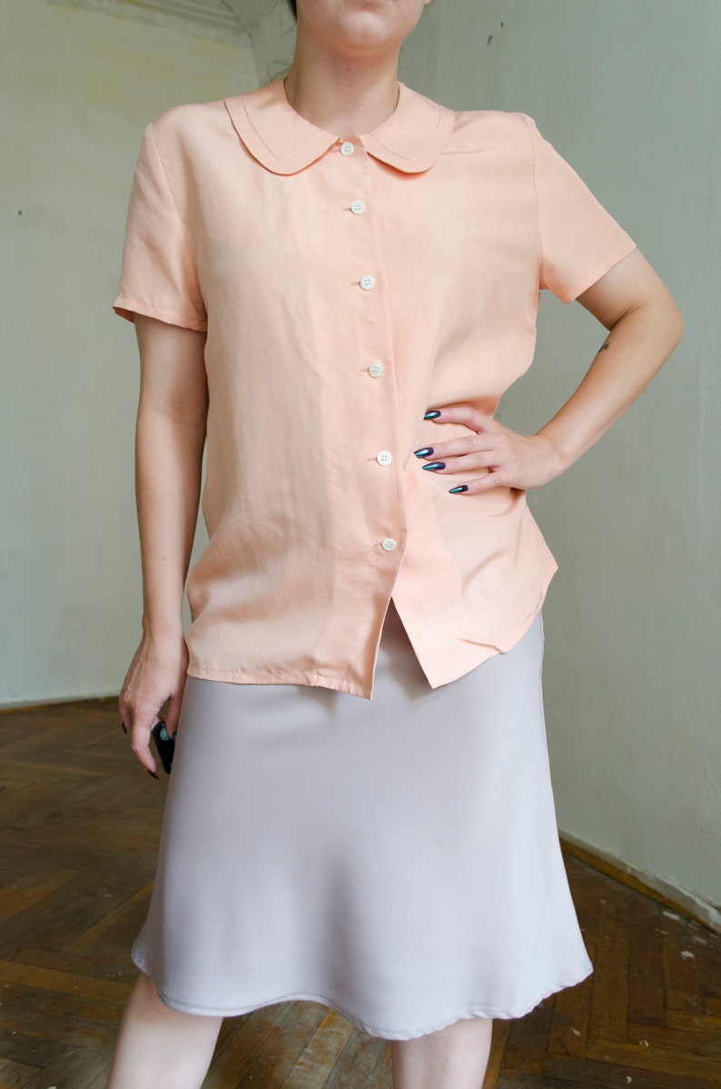 vintage silk pink silk blouse Peter pan collar blouse, pastel blouse, romantic blouse, short sleeve silk blouse, retro blouse XS S image 3