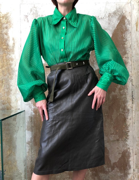 70s green statement blouse | Striped blouse, Puff